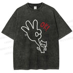 Unisex Ok Cat Printed Washed Tee