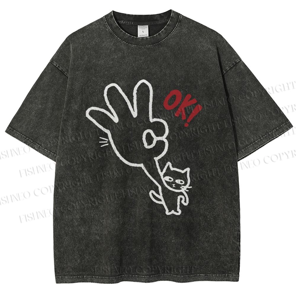 Unisex Ok Cat Printed Washed Tee