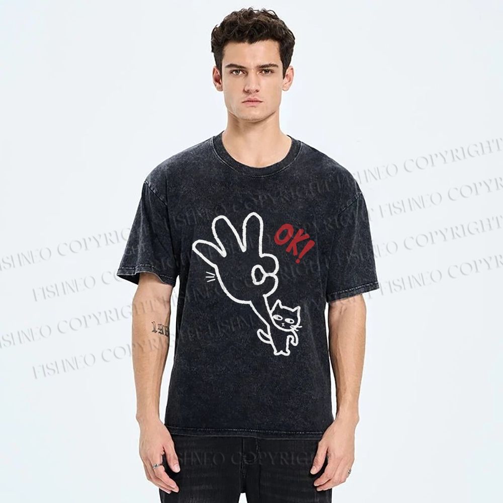 Unisex Ok Cat Printed Washed Tee