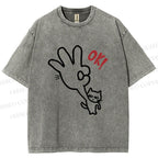 Unisex Ok Cat Printed Washed Tee