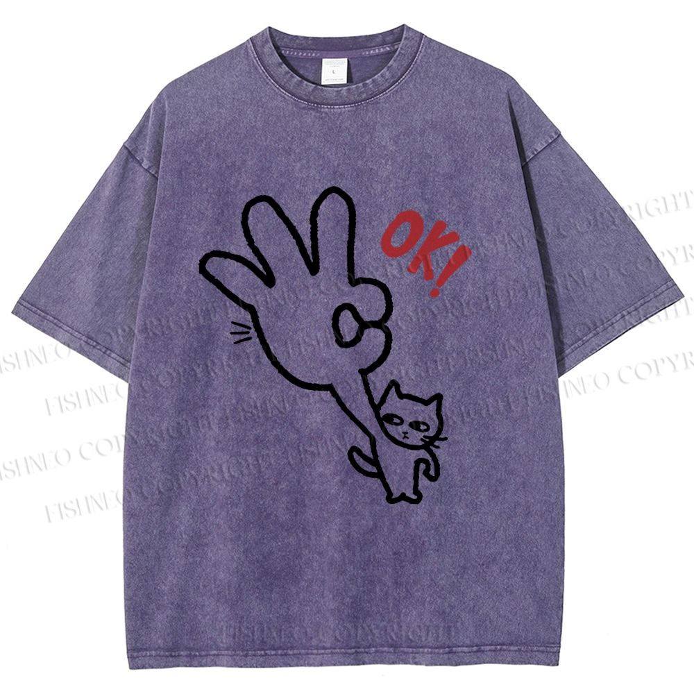 Unisex Ok Cat Printed Washed Tee