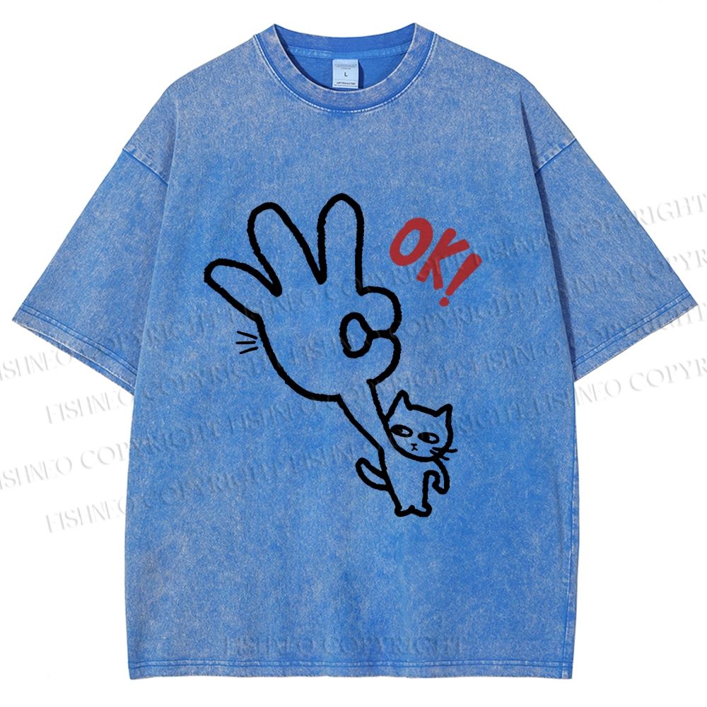 Unisex Ok Cat Printed Washed Tee