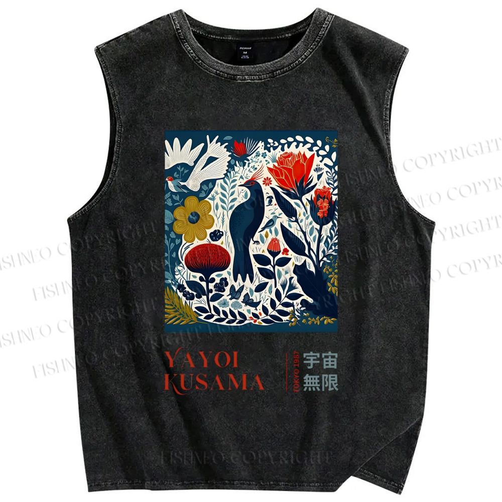 Unisex Yayoi Kusama Vintage Flowers And Birds Printed Washed Tank Top