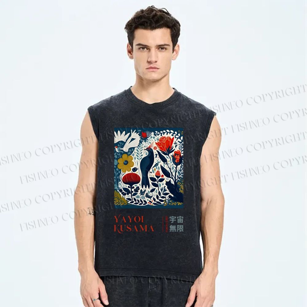Unisex Yayoi Kusama Vintage Flowers And Birds Printed Washed Tank Top