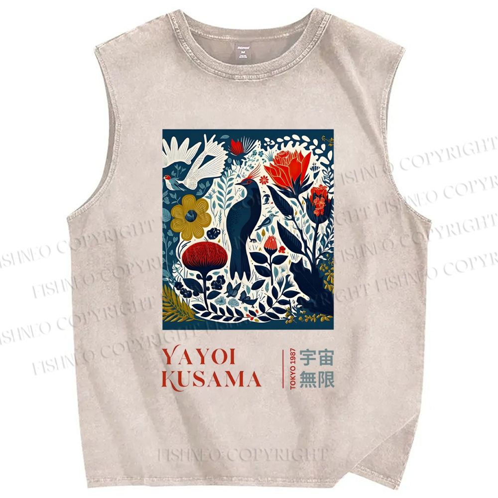 Unisex Yayoi Kusama Vintage Flowers And Birds Printed Washed Tank Top