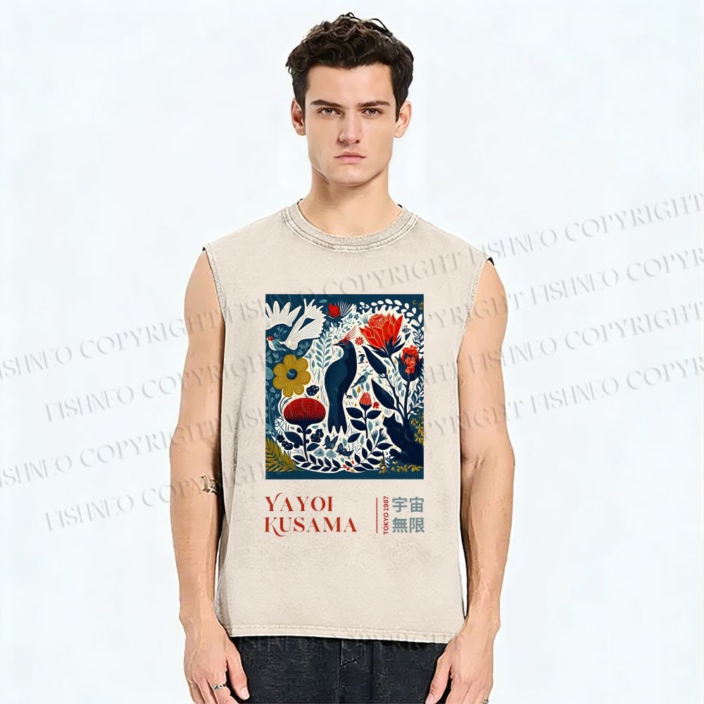 Unisex Yayoi Kusama Vintage Flowers And Birds Printed Washed Tank Top