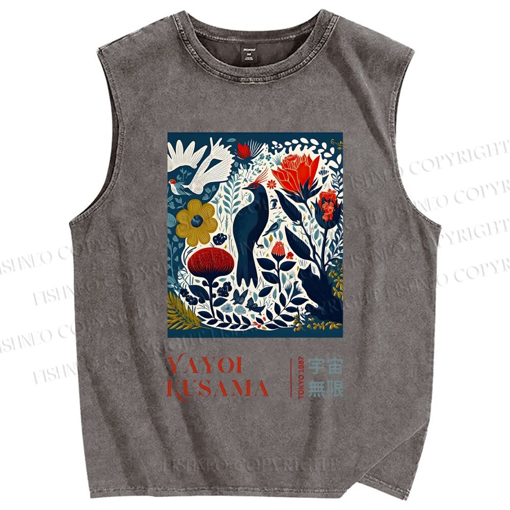 Unisex Yayoi Kusama Vintage Flowers And Birds Printed Washed Tank Top