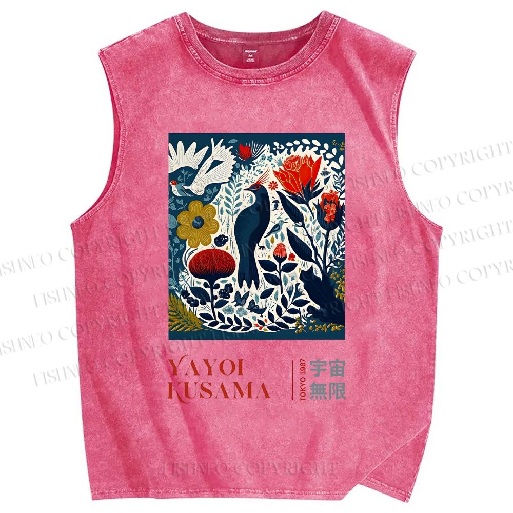 Unisex Yayoi Kusama Vintage Flowers And Birds Printed Washed Tank Top