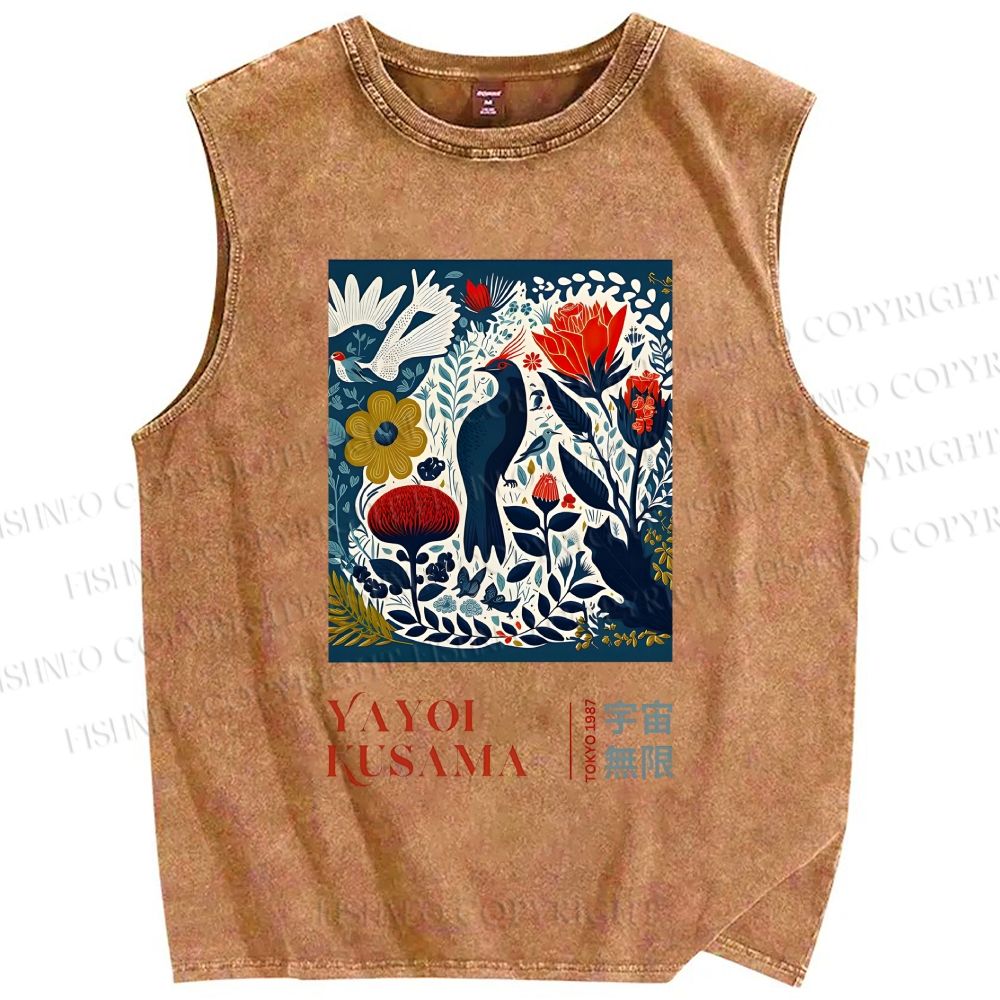 Unisex Yayoi Kusama Vintage Flowers And Birds Printed Washed Tank Top