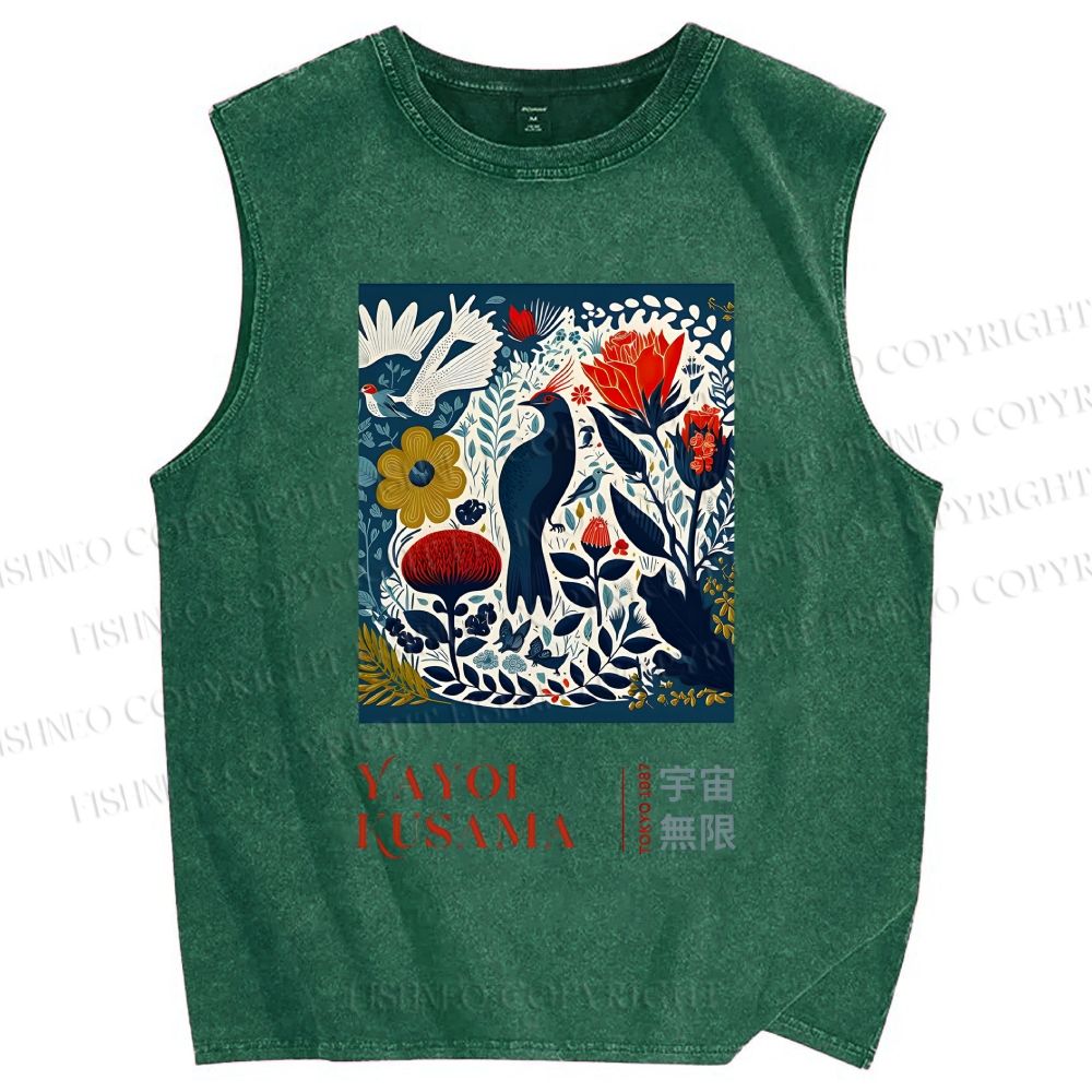 Unisex Yayoi Kusama Vintage Flowers And Birds Printed Washed Tank Top