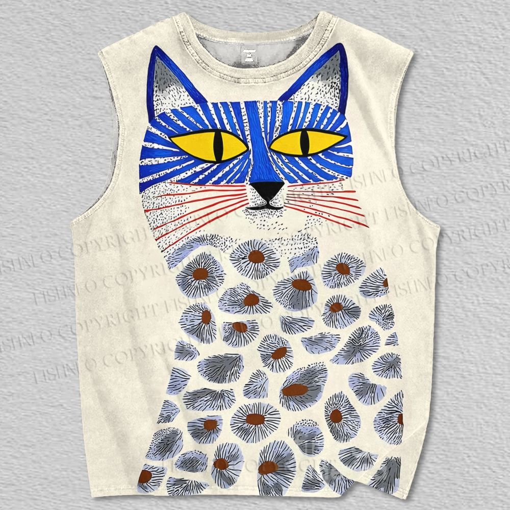 Unisex Vintage Art Cat Printed Tank Top