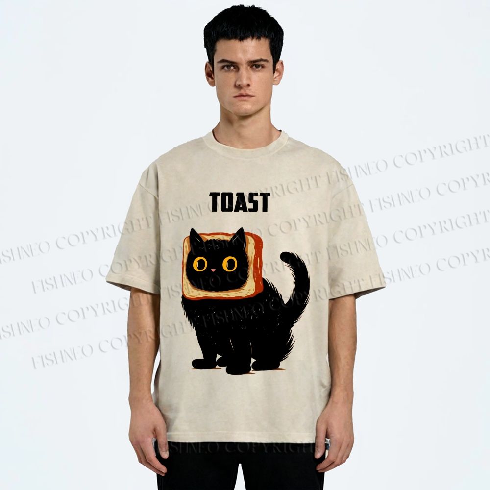 Unisex Toast Cat Printed Washed Tee