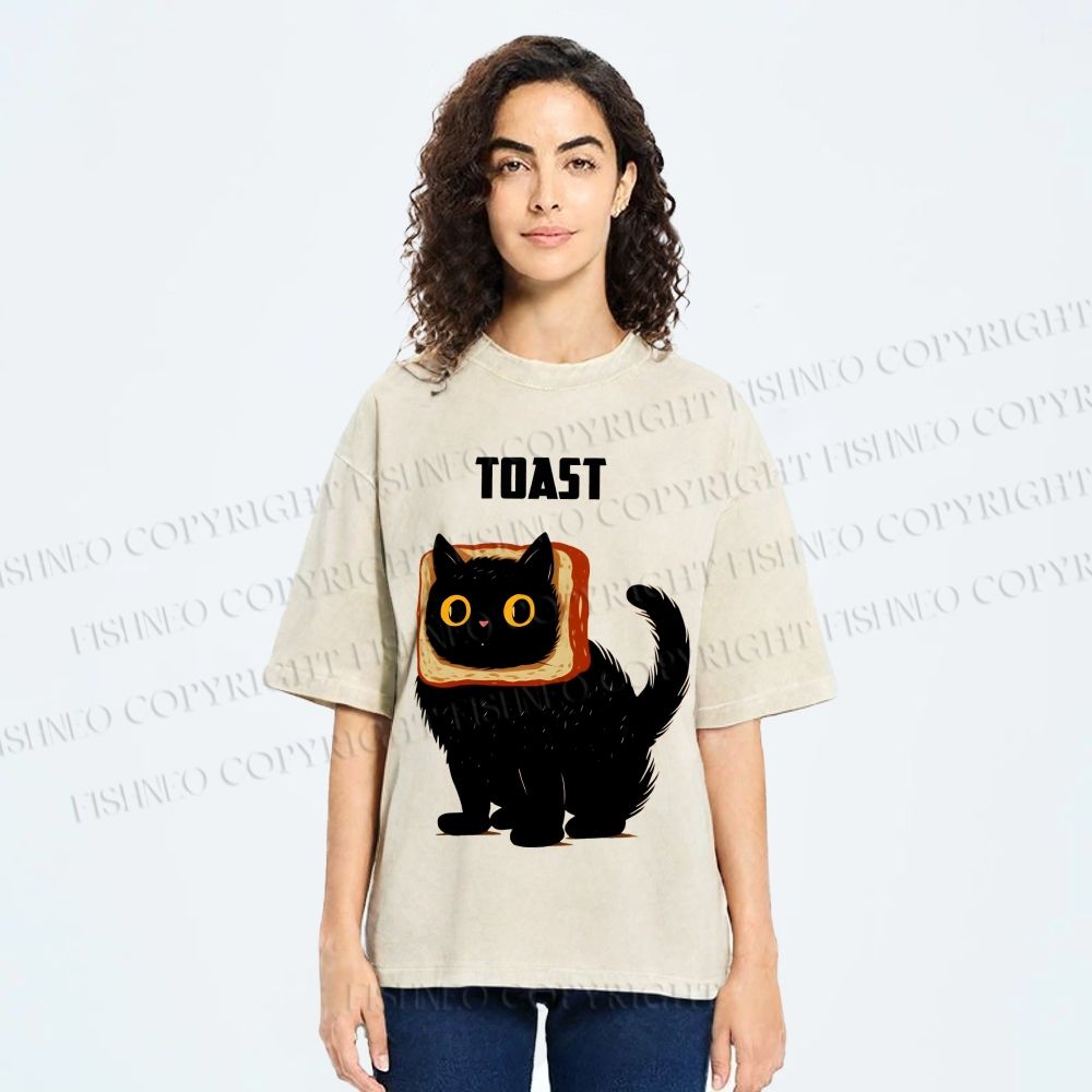 Unisex Toast Cat Printed Washed Tee