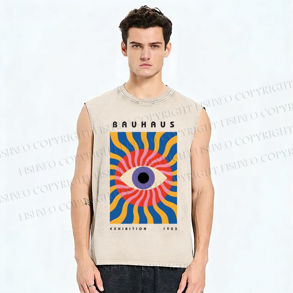 Unisex Bauhaus Geometric Eyes Printed Washed Tank Top