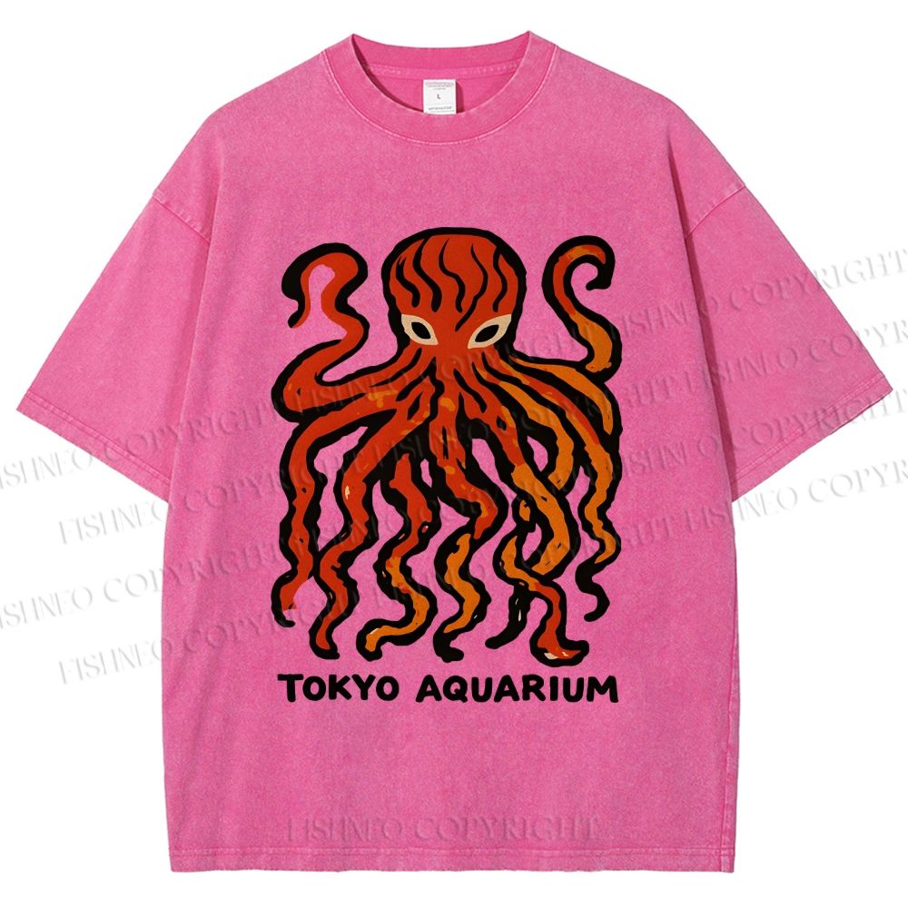 Unisex Tokyo Aquarium Octopus Printed Washed Tee