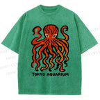 Unisex Tokyo Aquarium Octopus Printed Washed Tee