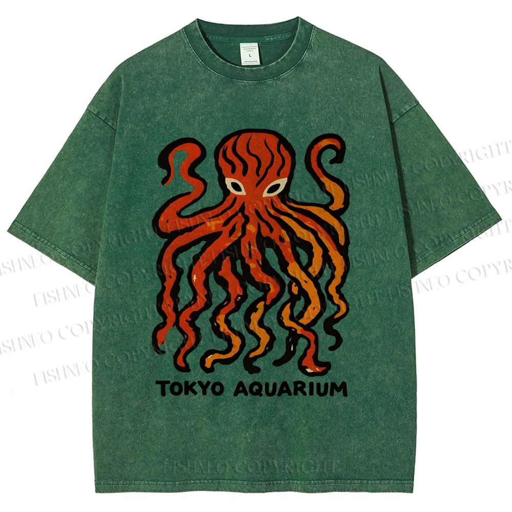 Unisex Tokyo Aquarium Octopus Printed Washed Tee