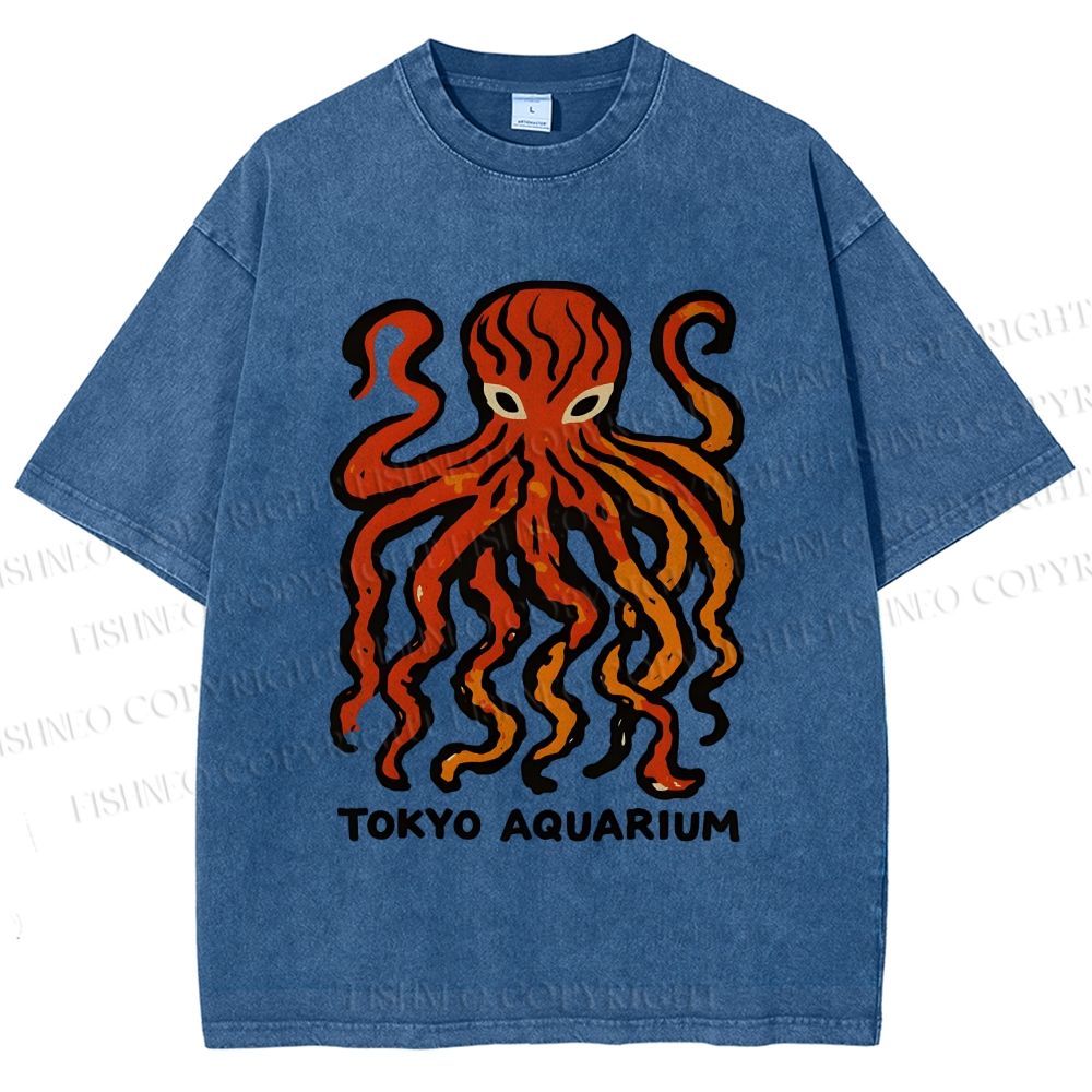 Unisex Tokyo Aquarium Octopus Printed Washed Tee