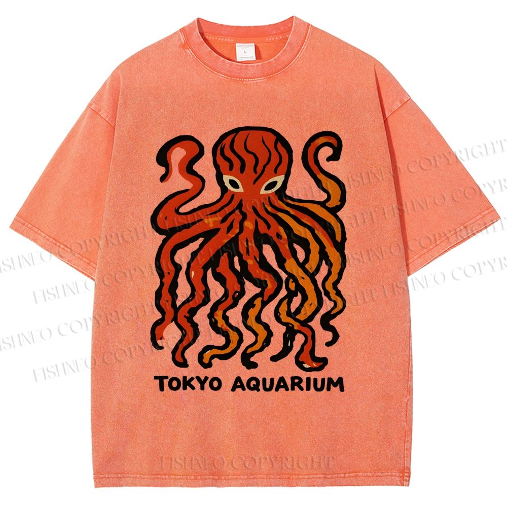 Unisex Tokyo Aquarium Octopus Printed Washed Tee