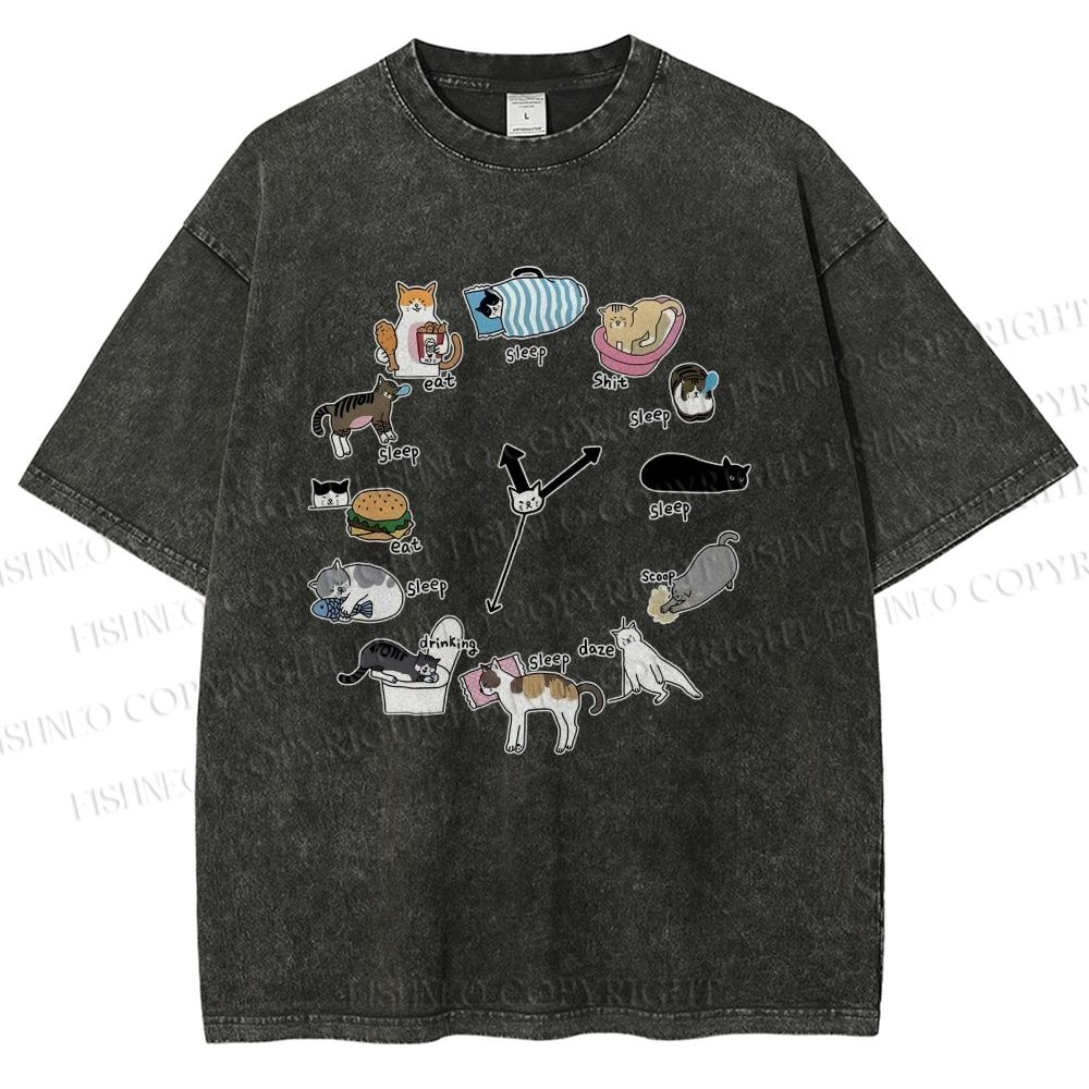 Unisex Cat's Daily Routine Printed Washed Tee
