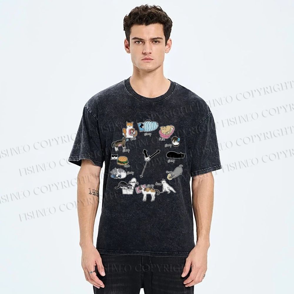 Unisex Cat's Daily Routine Printed Washed Tee