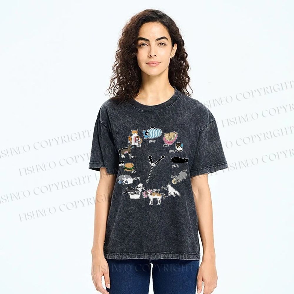 Unisex Cat's Daily Routine Printed Washed Tee