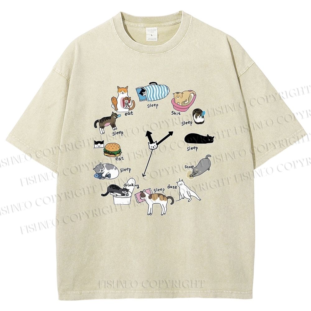 Unisex Cat's Daily Routine Printed Washed Tee