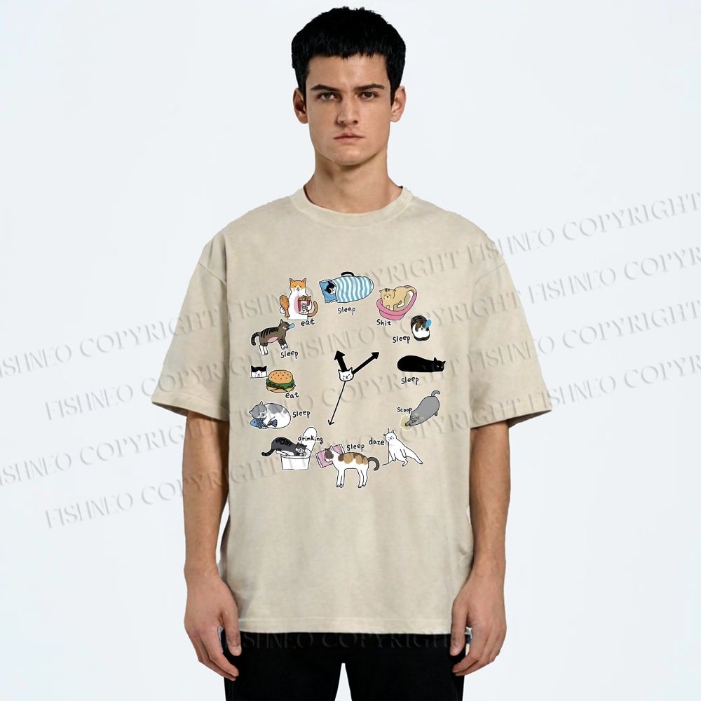 Unisex Cat's Daily Routine Printed Washed Tee