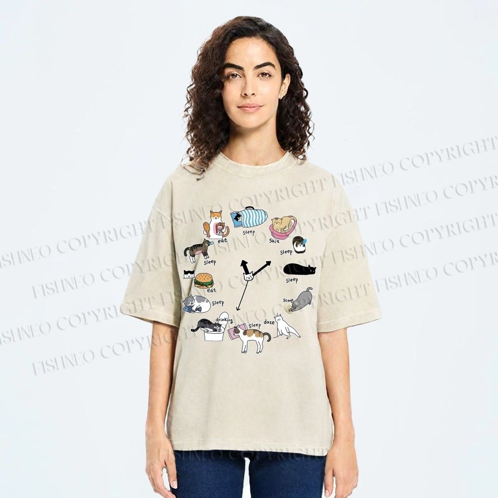 Unisex Cat's Daily Routine Printed Washed Tee