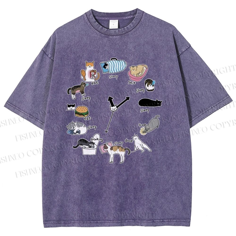 Unisex Cat's Daily Routine Printed Washed Tee