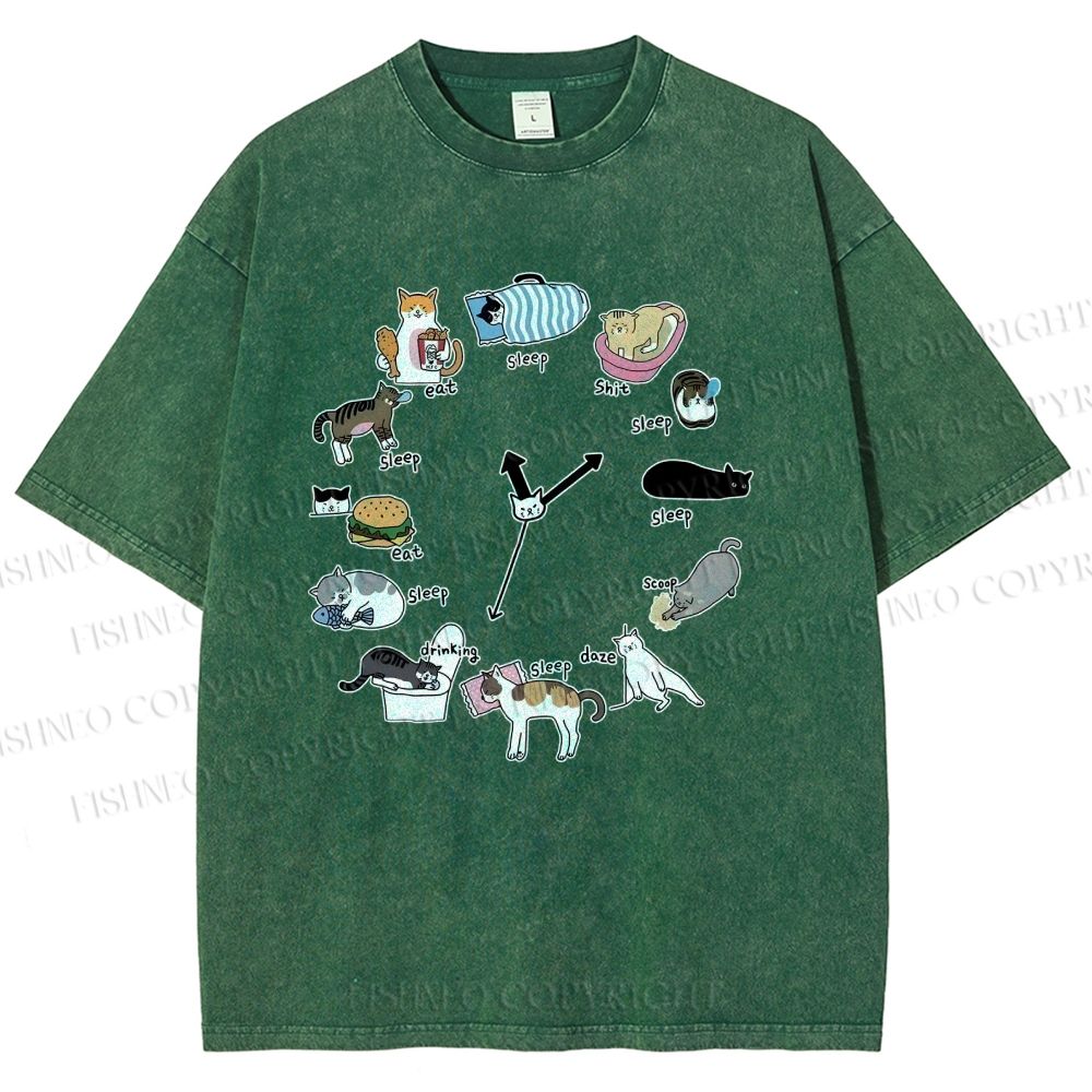 Unisex Cat's Daily Routine Printed Washed Tee
