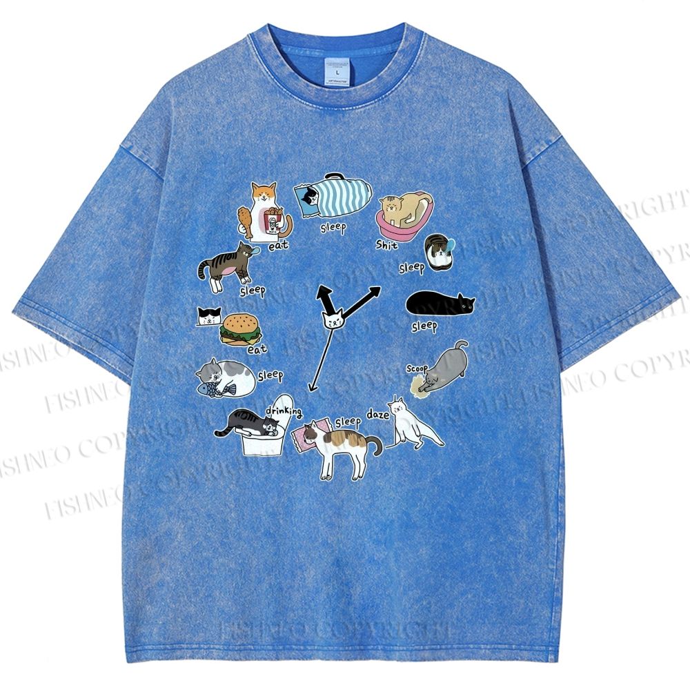 Unisex Cat's Daily Routine Printed Washed Tee