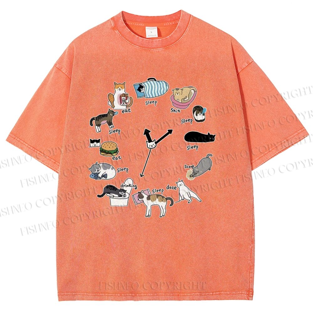 Unisex Cat's Daily Routine Printed Washed Tee