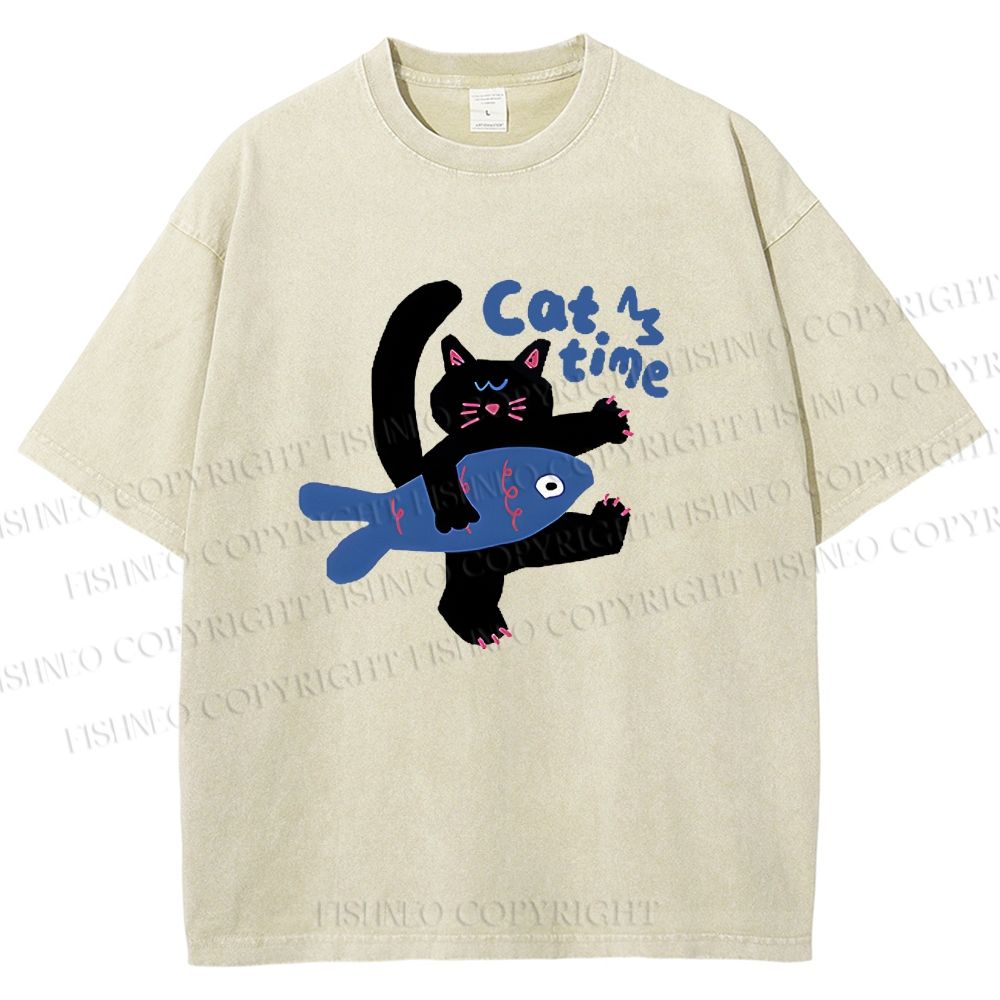 Unisex Cat Time Printed Washed Tee