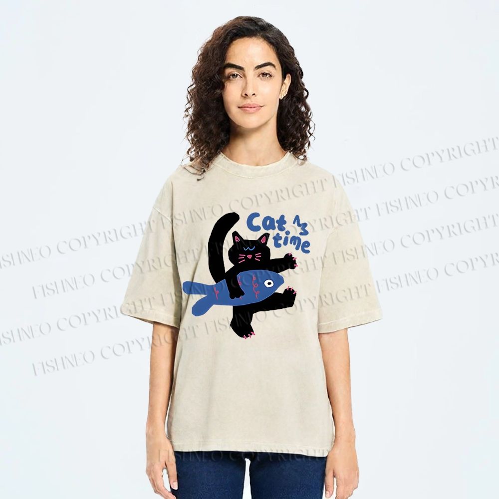 Unisex Cat Time Printed Washed Tee