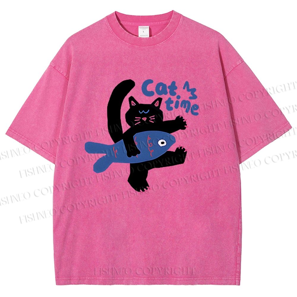 Unisex Cat Time Printed Washed Tee