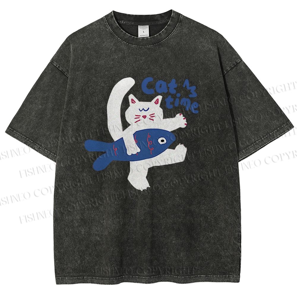 Unisex Cat Time Printed Washed Tee
