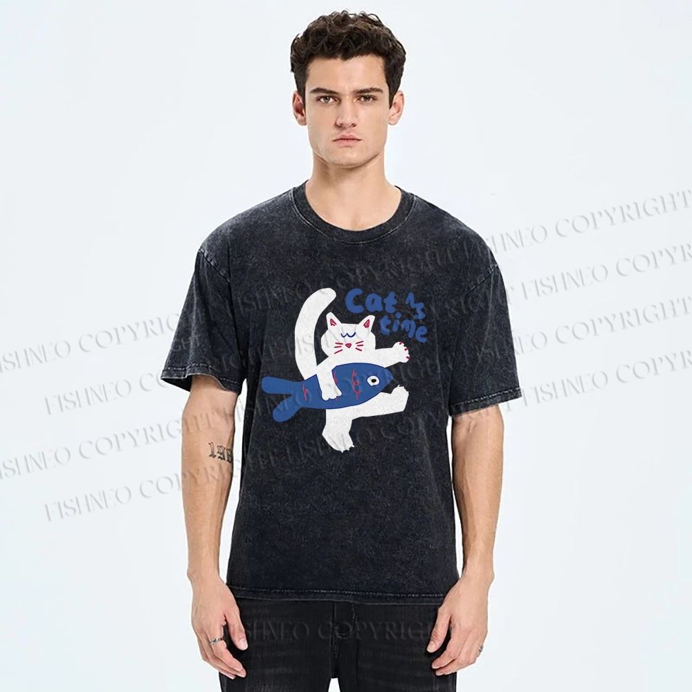 Unisex Cat Time Printed Washed Tee