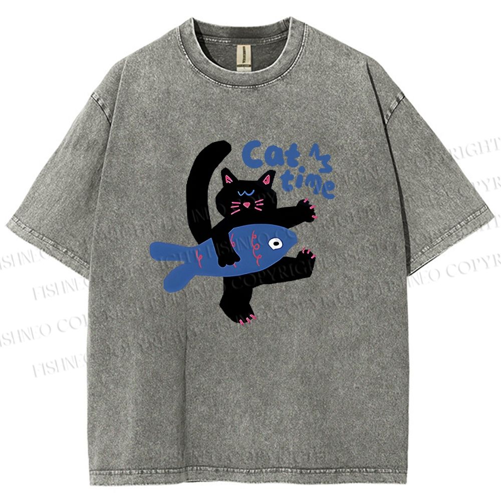 Unisex Cat Time Printed Washed Tee