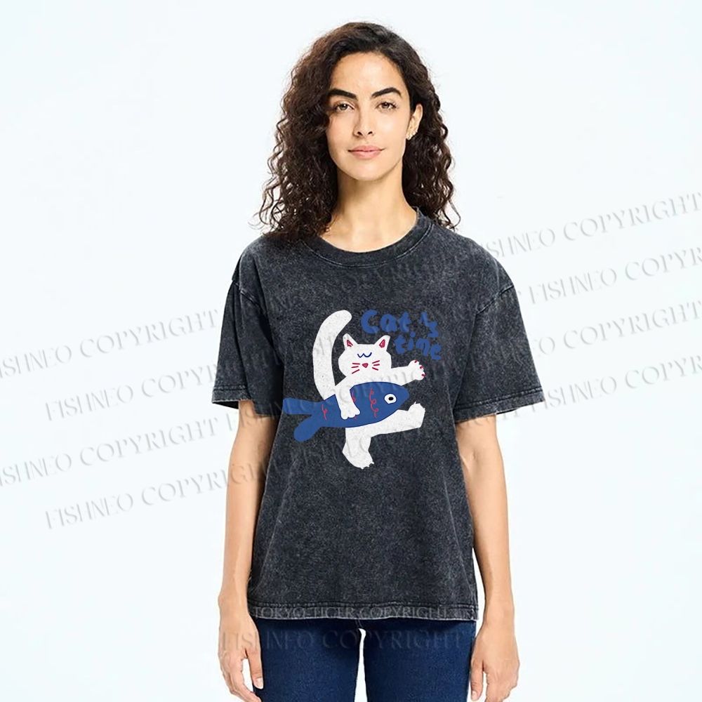 Unisex Cat Time Printed Washed Tee