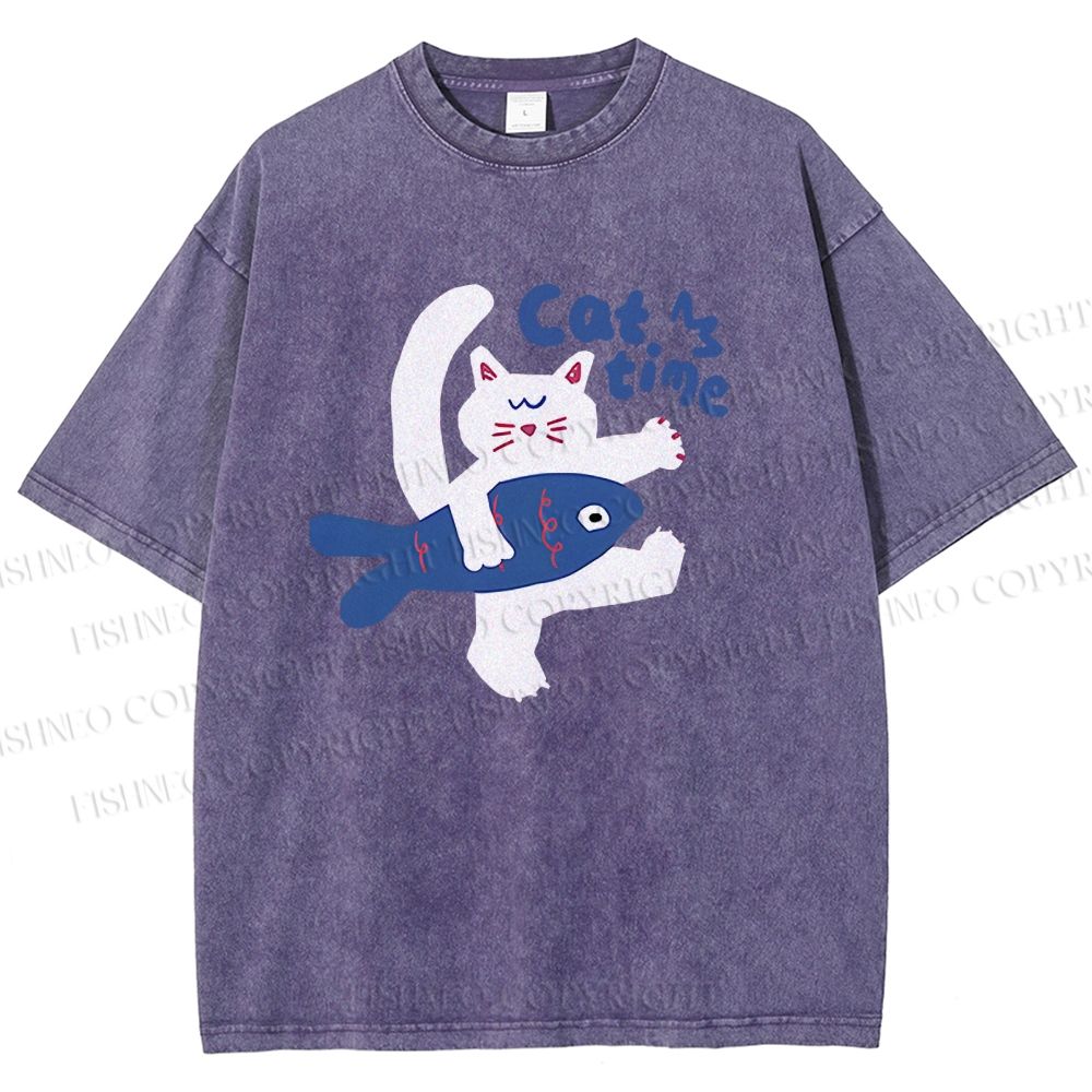 Unisex Cat Time Printed Washed Tee