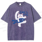 Unisex Cat Time Printed Washed Tee