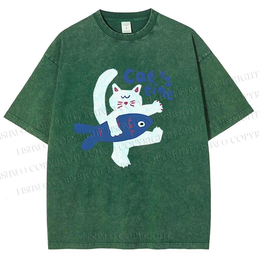 Unisex Cat Time Printed Washed Tee