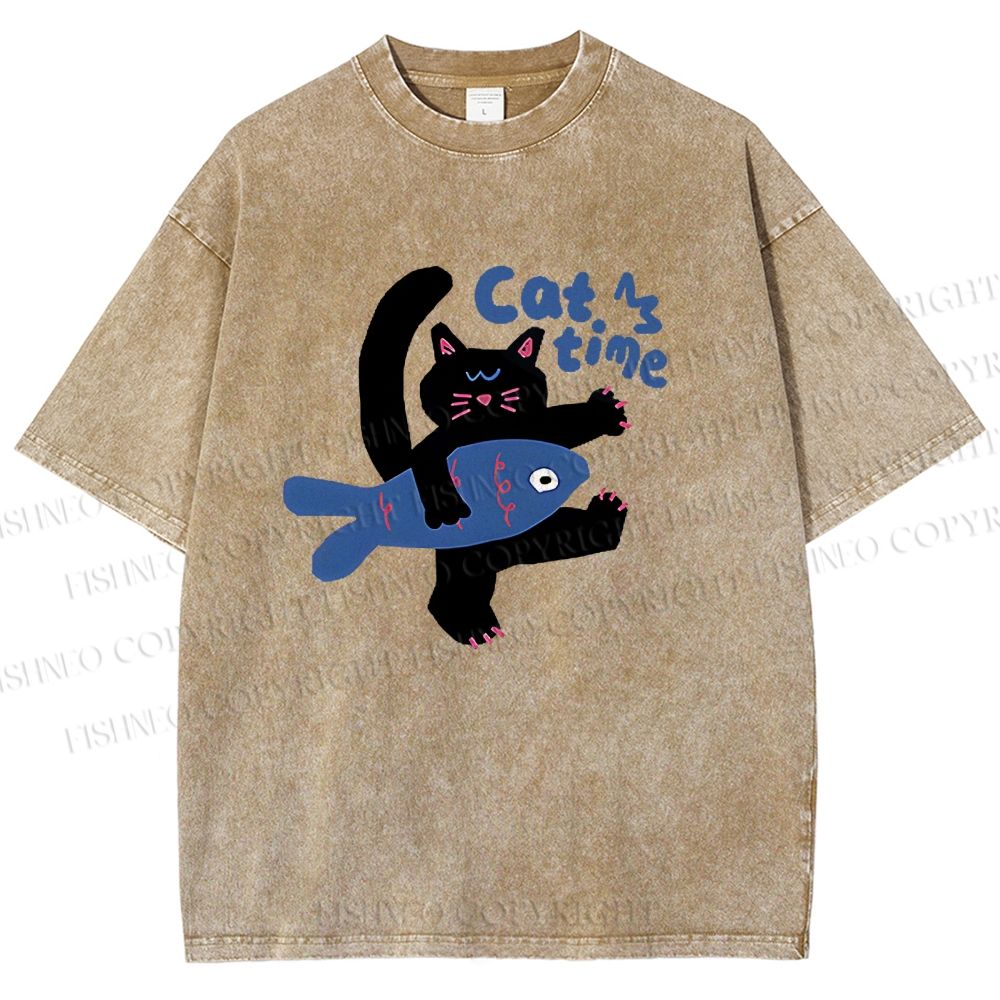 Unisex Cat Time Printed Washed Tee