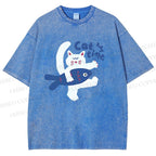 Unisex Cat Time Printed Washed Tee