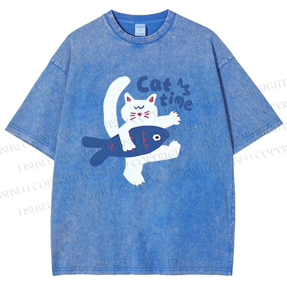 Unisex Cat Time Printed Washed Tee