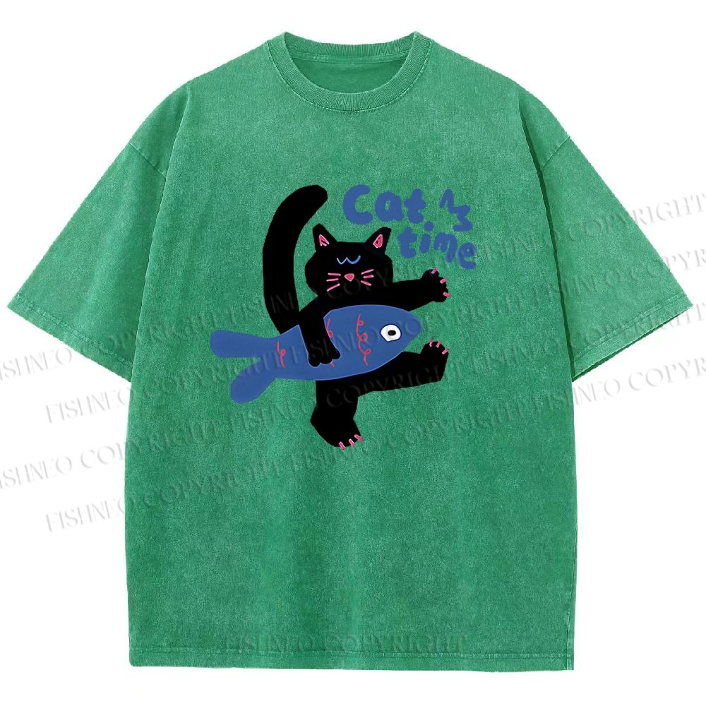 Unisex Cat Time Printed Washed Tee