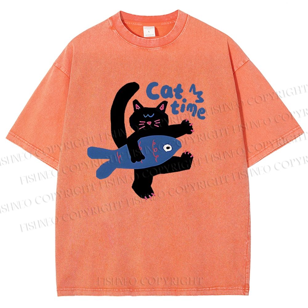 Unisex Cat Time Printed Washed Tee