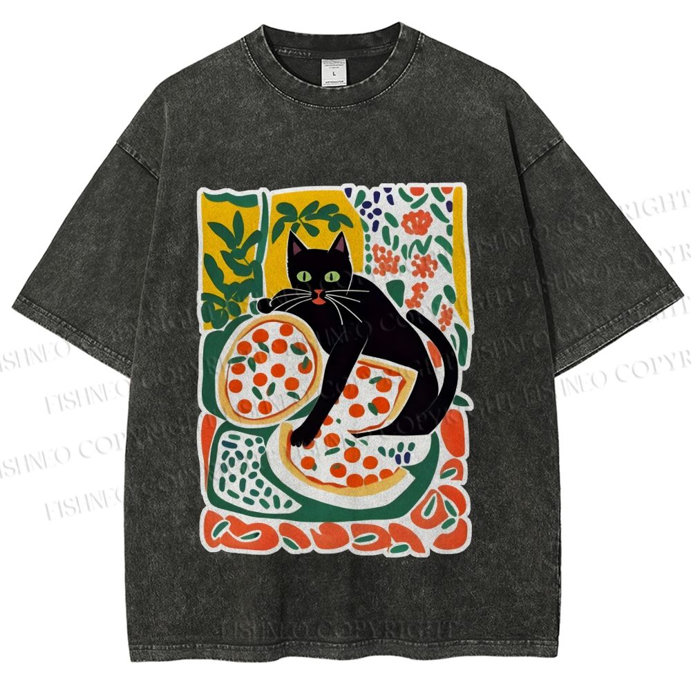 Unisex Black Cat At A Picnic Printed Washed Tee