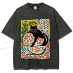 Unisex Black Cat At A Picnic Printed Washed Tee
